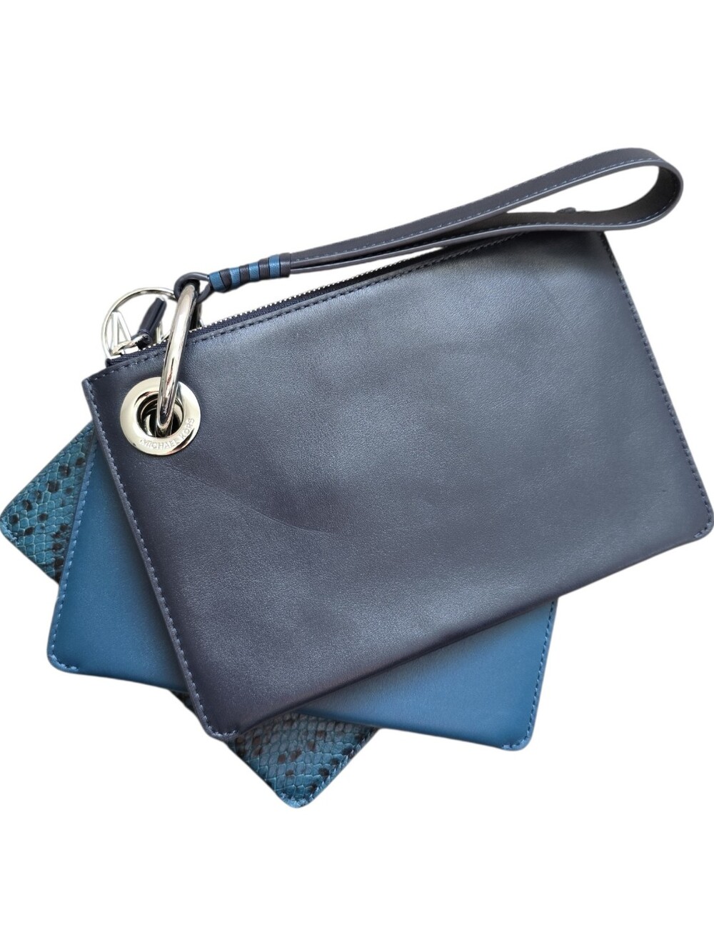 NWOT Michael Kors Jet Set Travel Two-Tone Leather Pouch Trio Wristlet navy blue - Picture 3 of 13